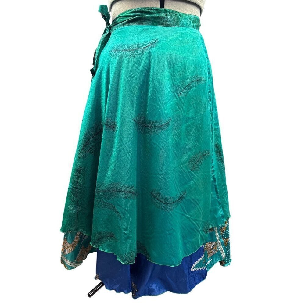 Vintage Green & Blue Wrap Skirt With Llama Motif & Feather Pattern